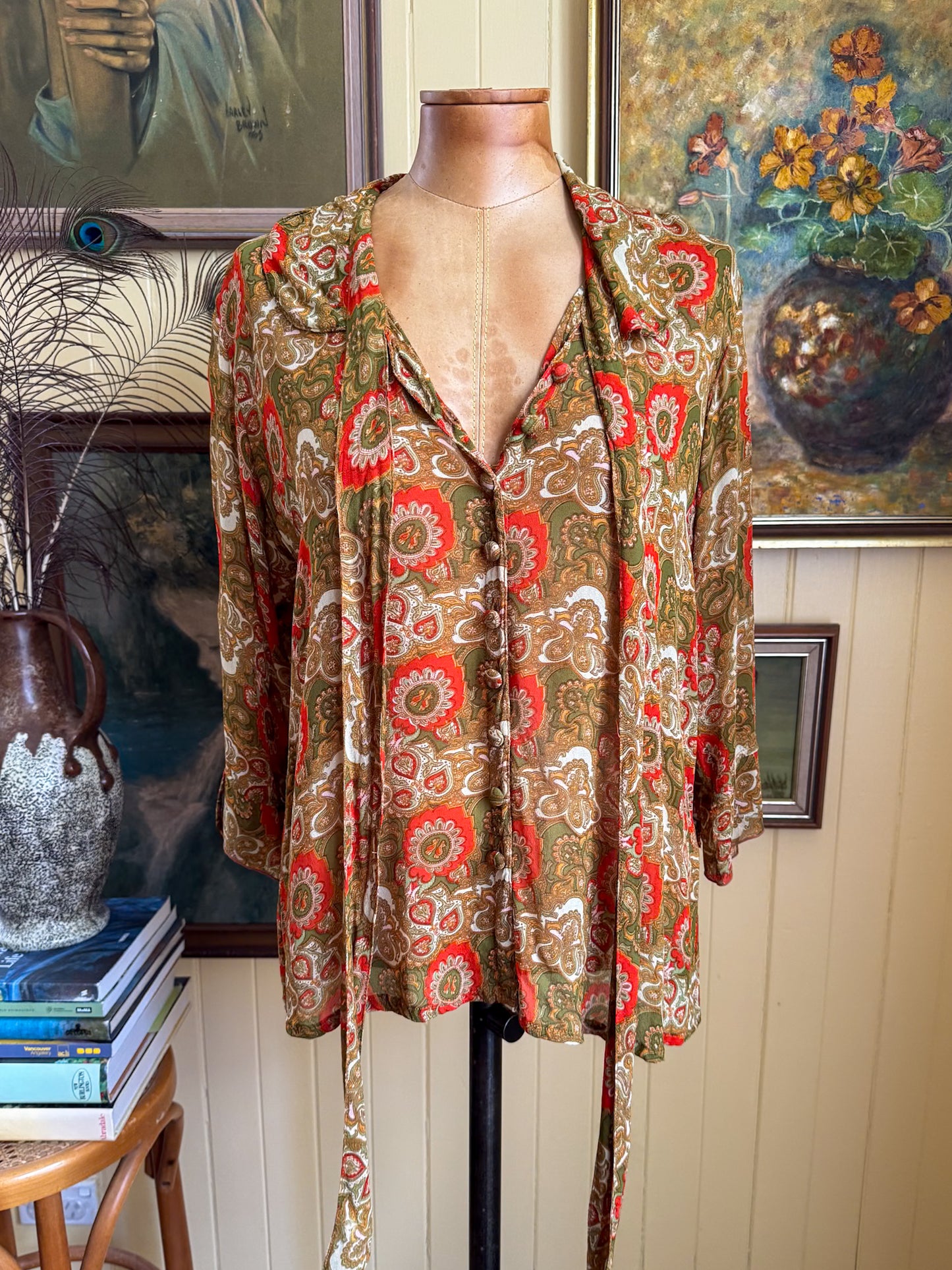 PRELOVED GOLDEN BROWN THE LABEL PAISLEY SILK BUTTON THROUGH BLOUSE M