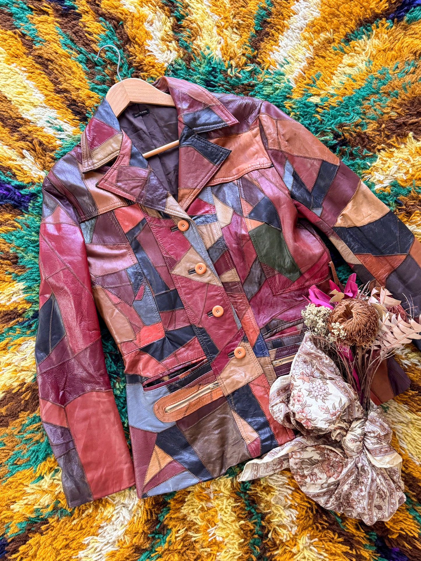 VINTAGE 1970S KOREAN PATCHWORK LEATHER BLAZER JACKET S/M