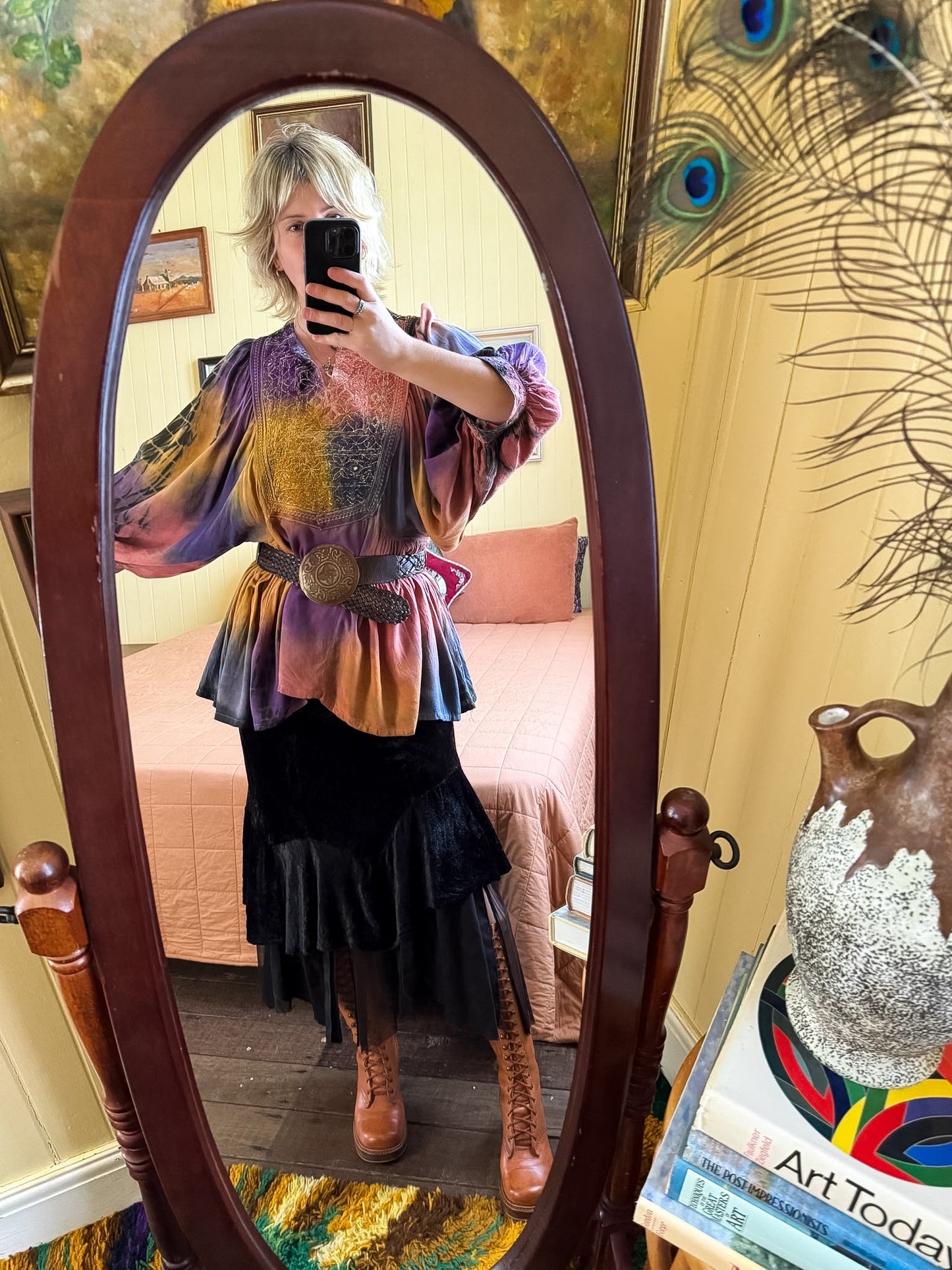 VINTAGE 1990S INDIAN VISCOSE TIE-DYE EMBROIDERED BALLOON SLEEVE TUNIC BLOUSE M