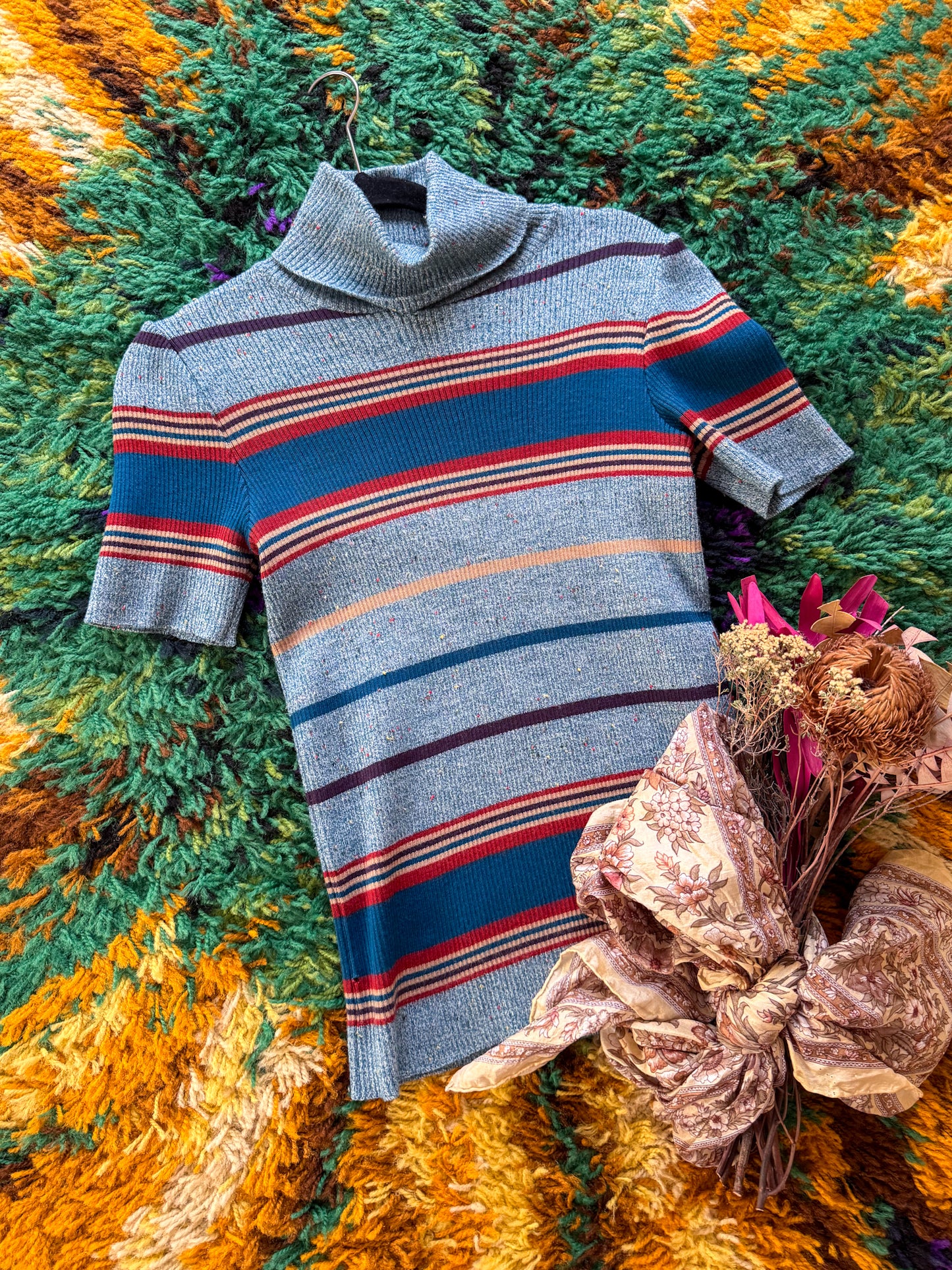 VINTAGE 1970S ITALIAN DAVID JONES WOOL BLEND KNIT ROLL NECK STRIPED SWEATER S/M