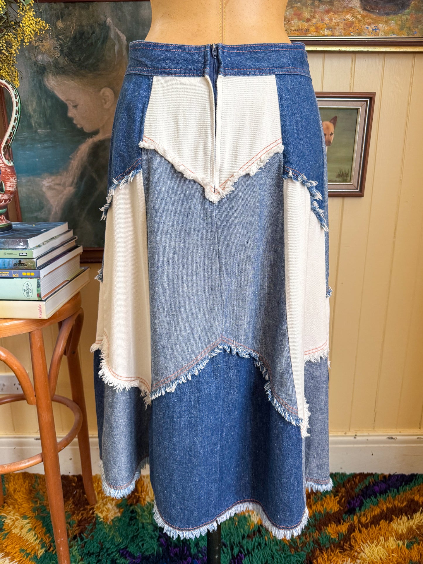 VINTAGE 1970S JC PENNEY COTTON DENIM PATCHWORK A-LINE MIDI SKIRT M