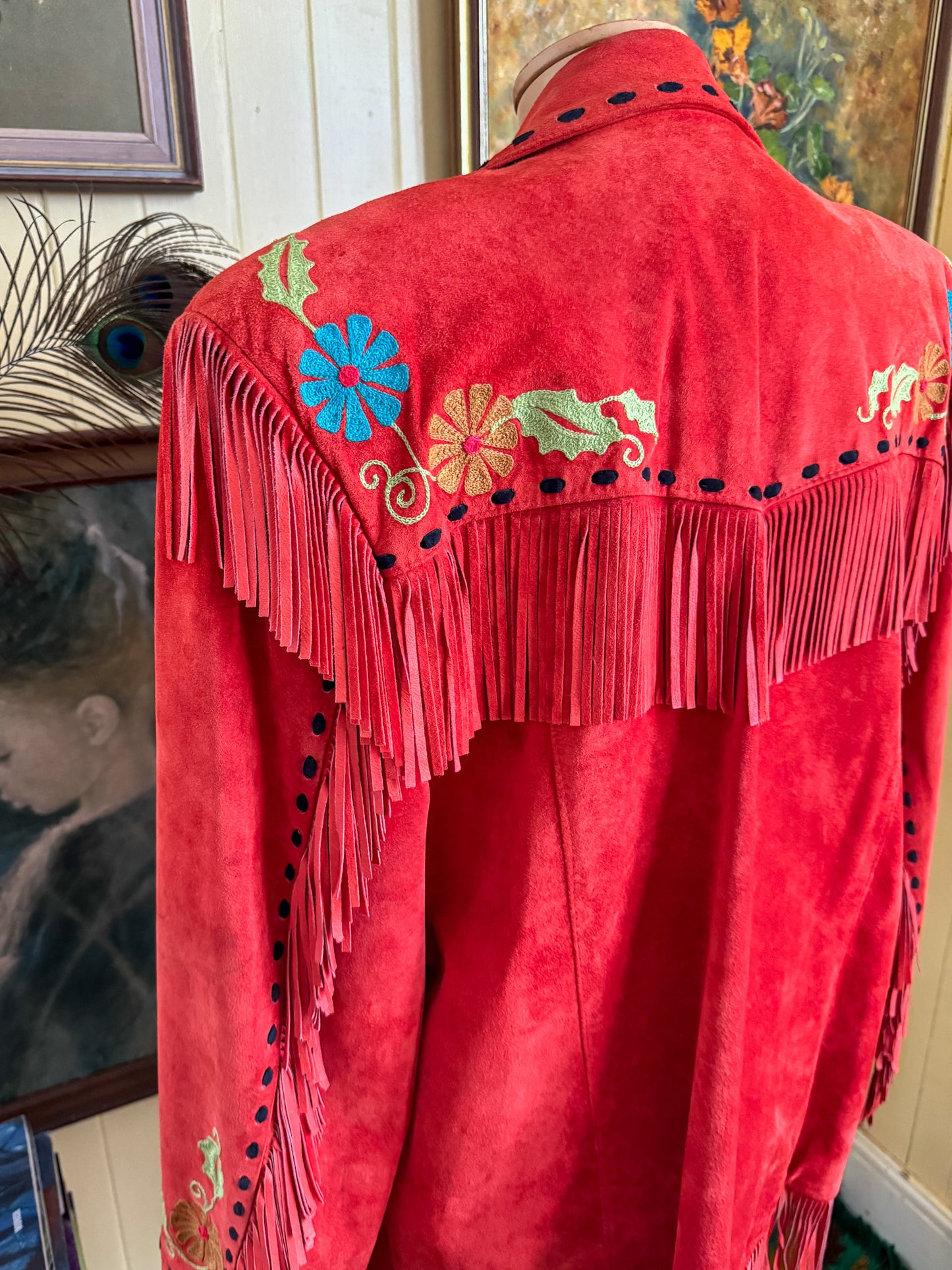 VINTAGE RARE CHAR SANTA FE RED SUEDE FRINGED EMBROIDERED WESTERN JACKET M