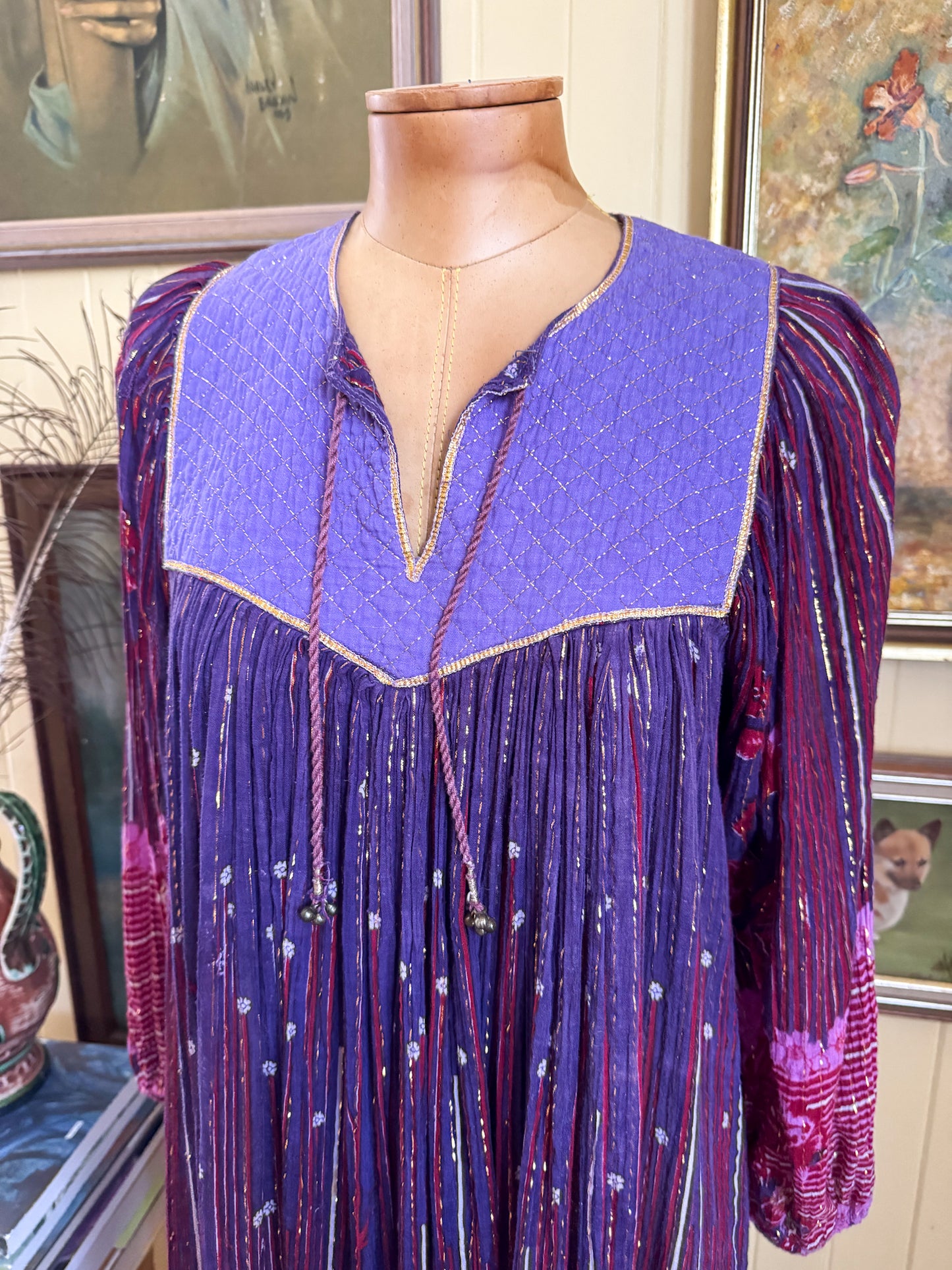 VINTAGE 1970S INDIAN COTTON GAUZE BLOCK PRINT LUREX MIDI DRESS S/M