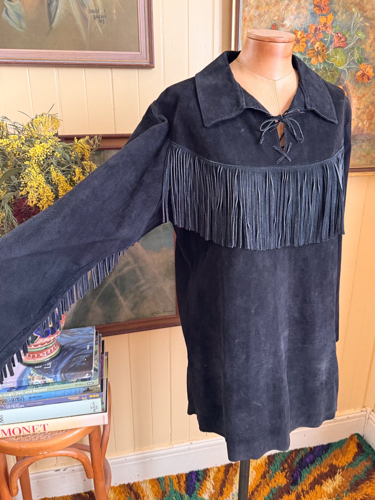 VINTAGE 1970S AUSTRALIAN BOJO BLACK SUEDE LEATHER FRINGED WESTERN TUNIC SHIRT M/L