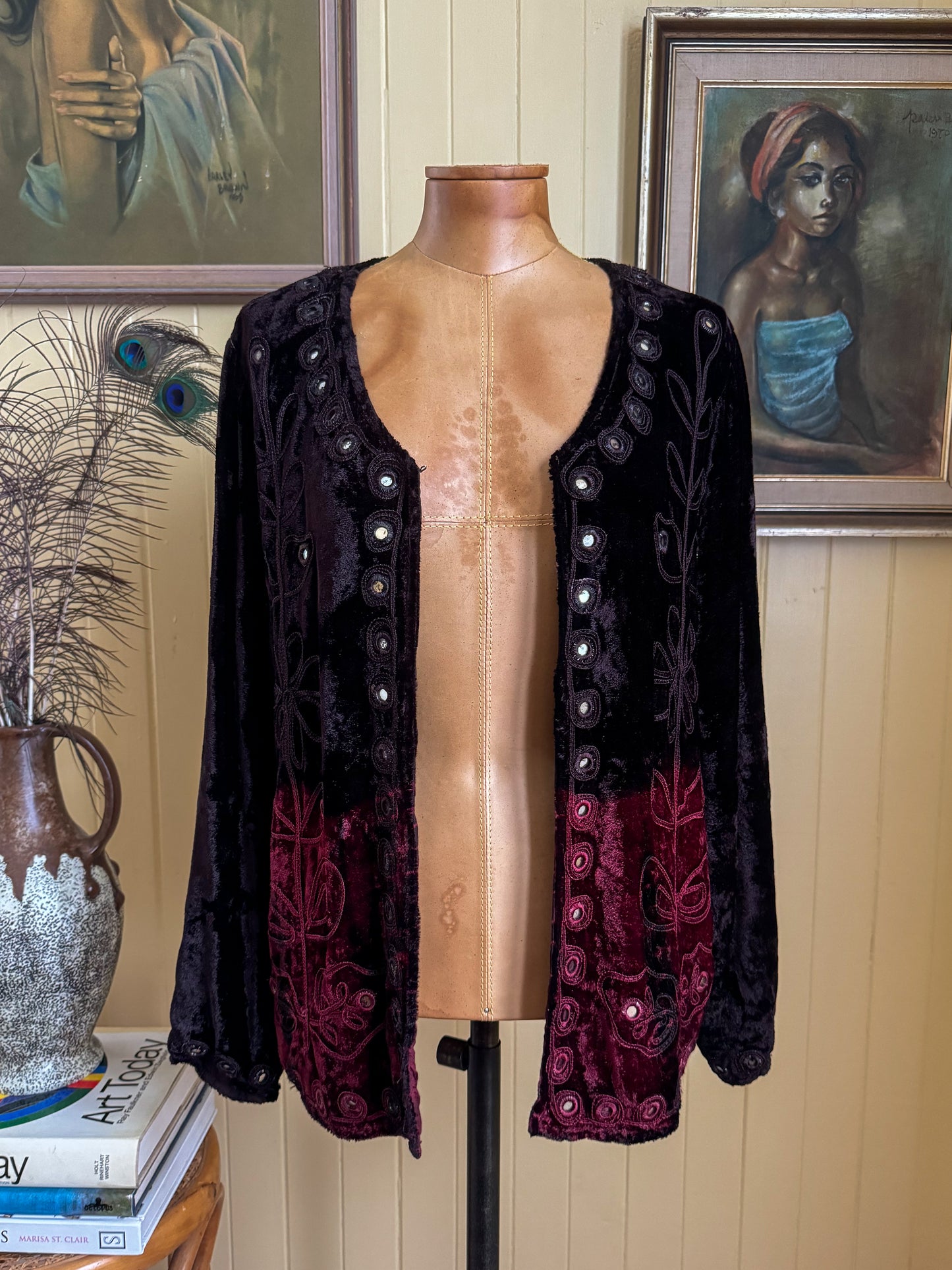 VINTAGE 1990S FRENCH COUNTRY INDIAN RAYON VELVET DIP DYE EMBROIDERED JACKET S/M