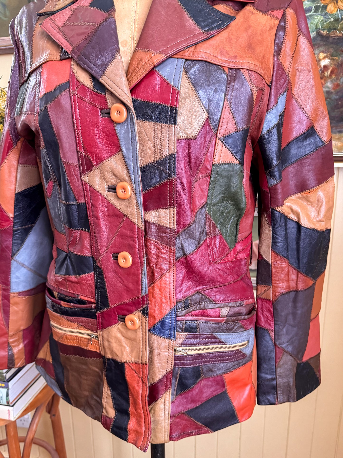 VINTAGE 1970S KOREAN PATCHWORK LEATHER BLAZER JACKET S/M