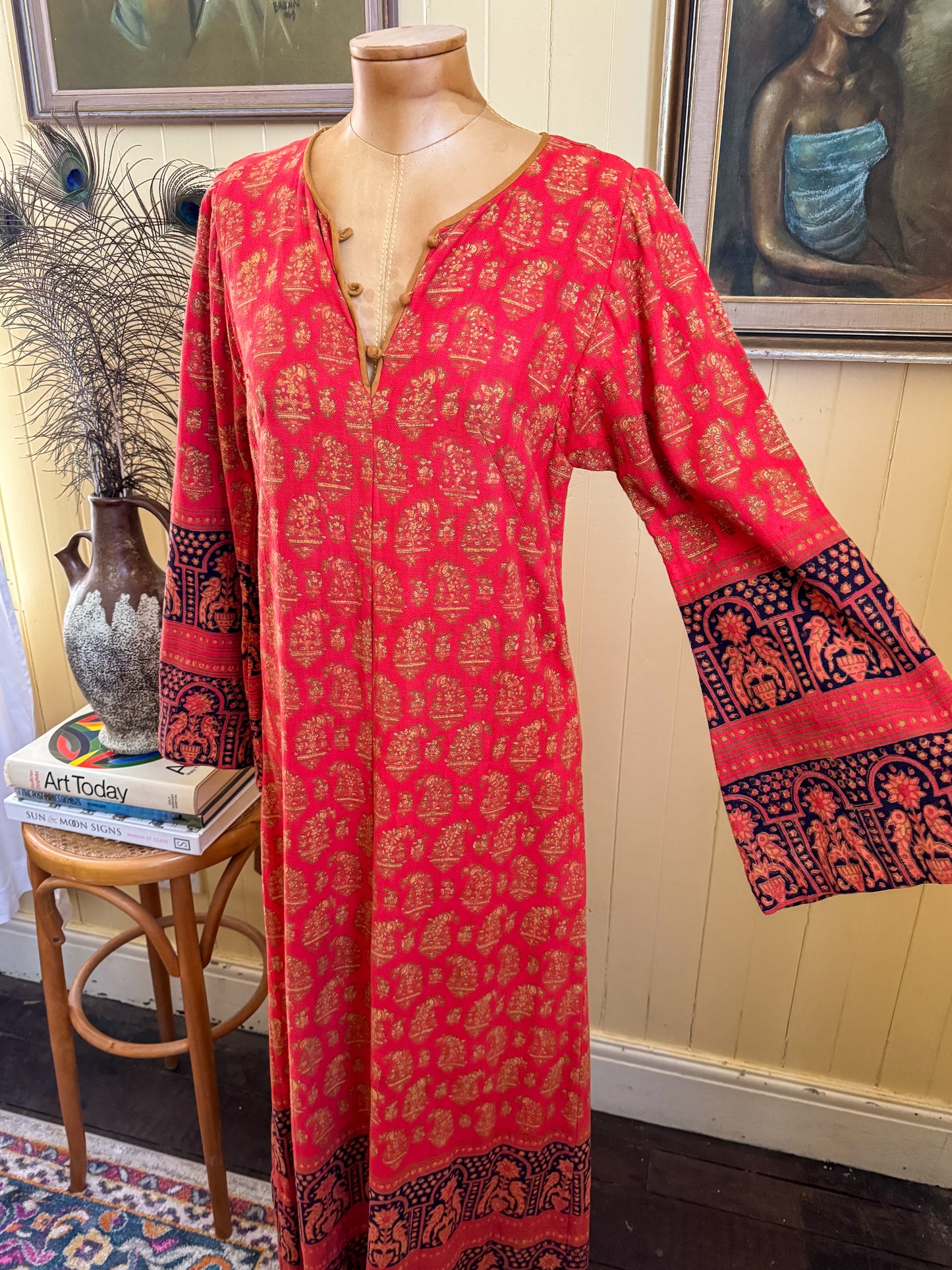 VINTAGE 1970S ANOKHI INDIAN COTTON BLOCK PRINTED MAXI KAFTAN S/M