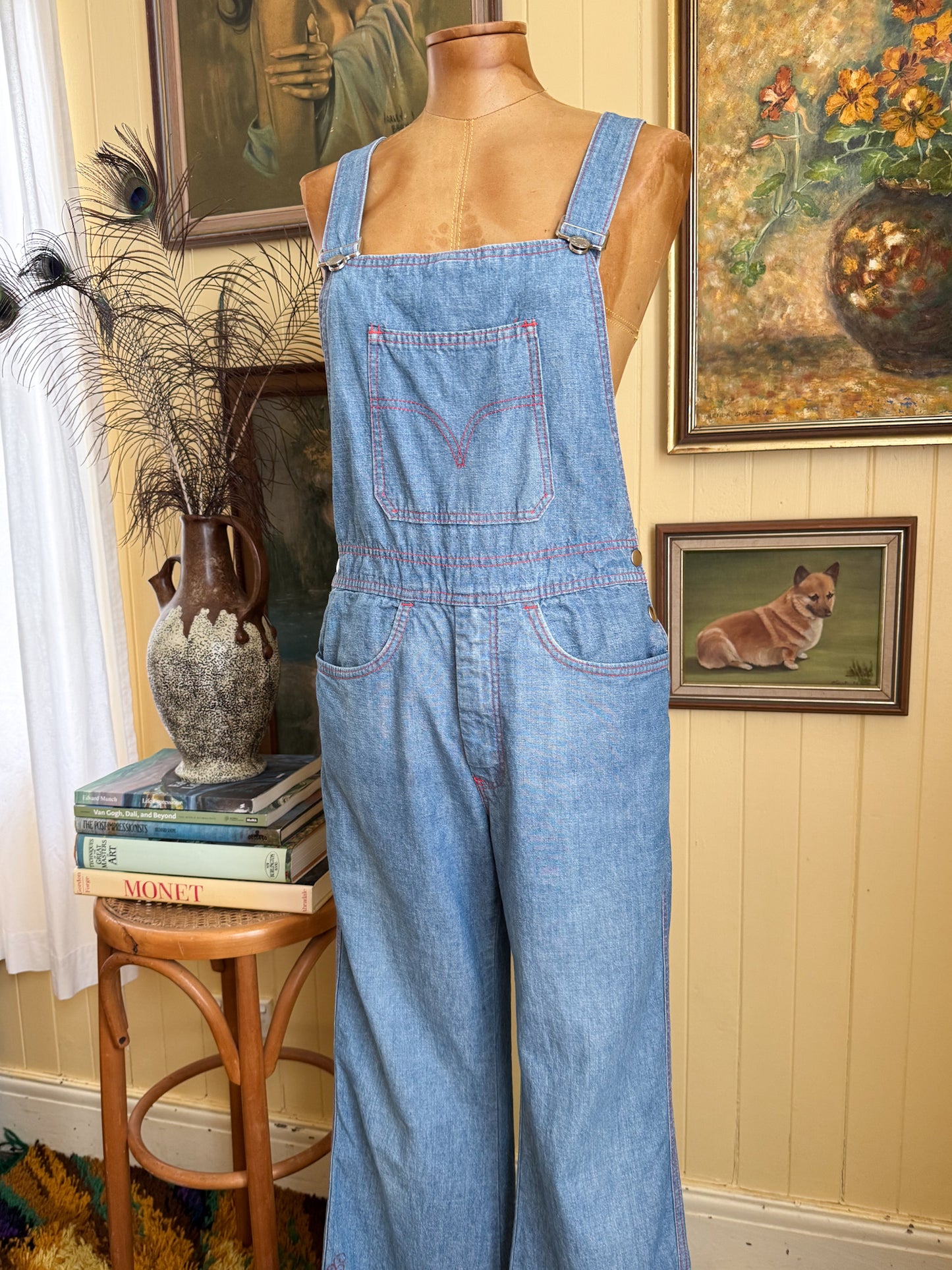 VINTAGE 1970S AMCO COTTON DENIM KICK FLARE DUNGAREES OVERALLS XS/S