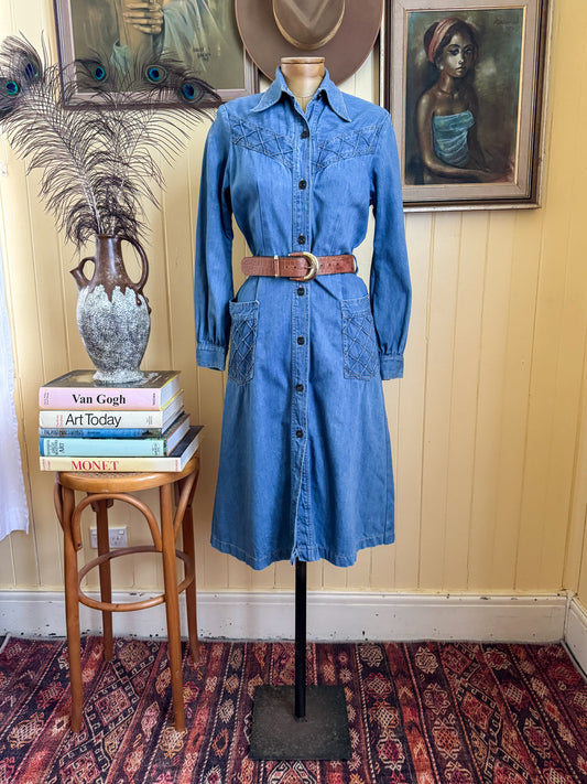 VINTAGE 1970S SUNDANCE COTTON DENIM BUTTON THROUGH MIDI SHIRT DRESS S