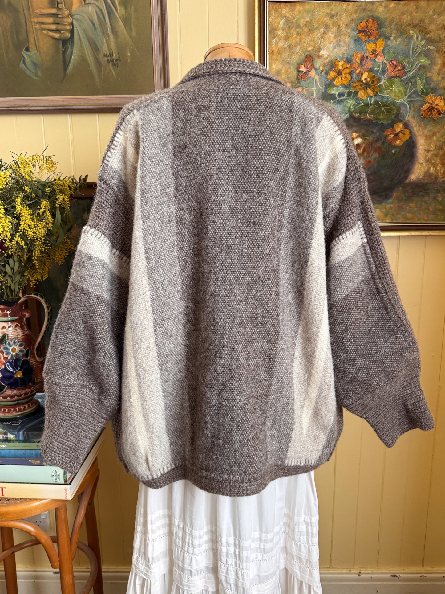 VINTAGE 1980S NEW ZEALAND ESTHER SHERRIFF WOOL CROCHET KNIT CARDIGAN JACKET M/L