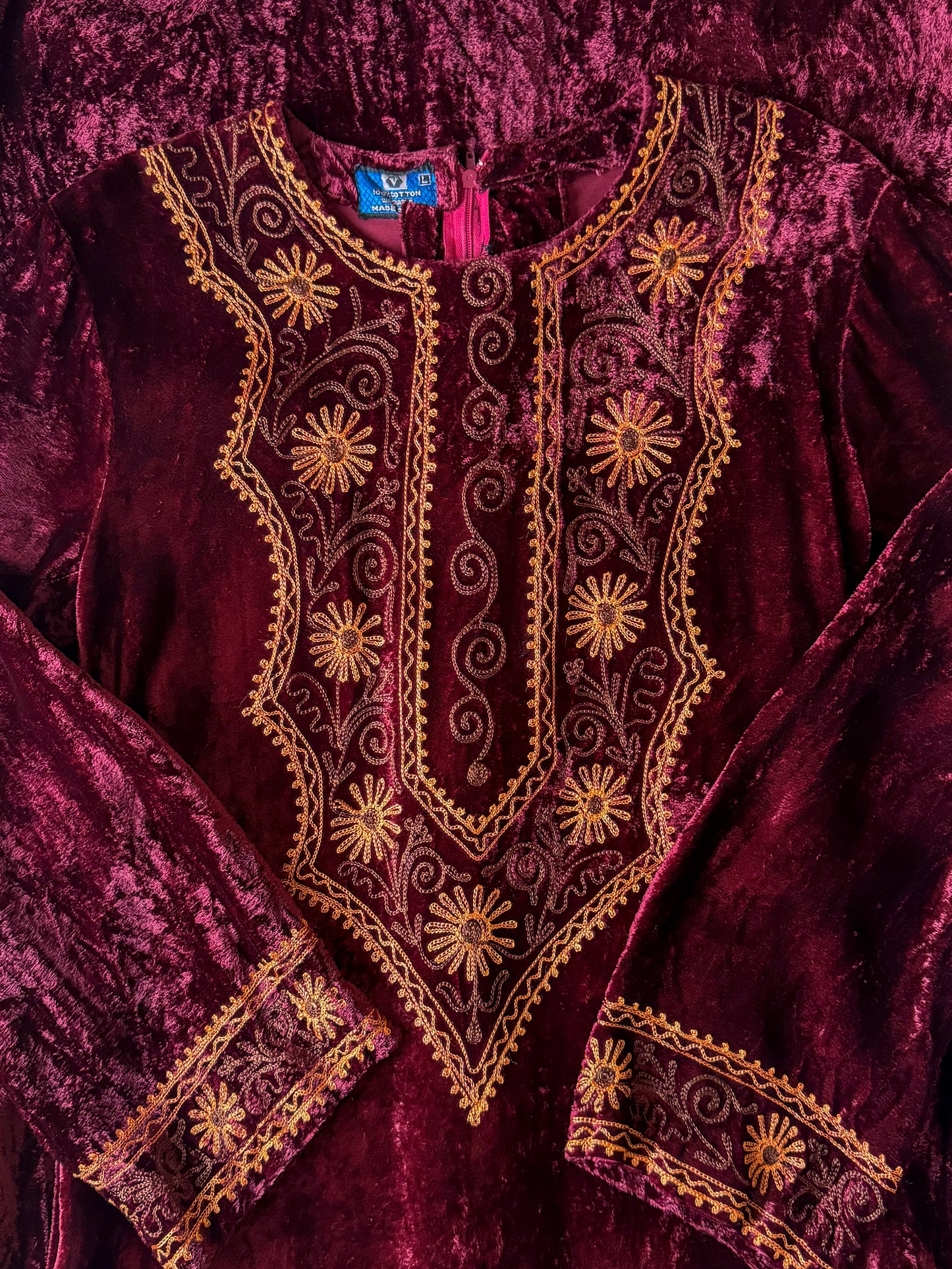 VINTAGE 1970S INDIAN COTTON VELVET EMBROIDERED MAXI KAFTAN S