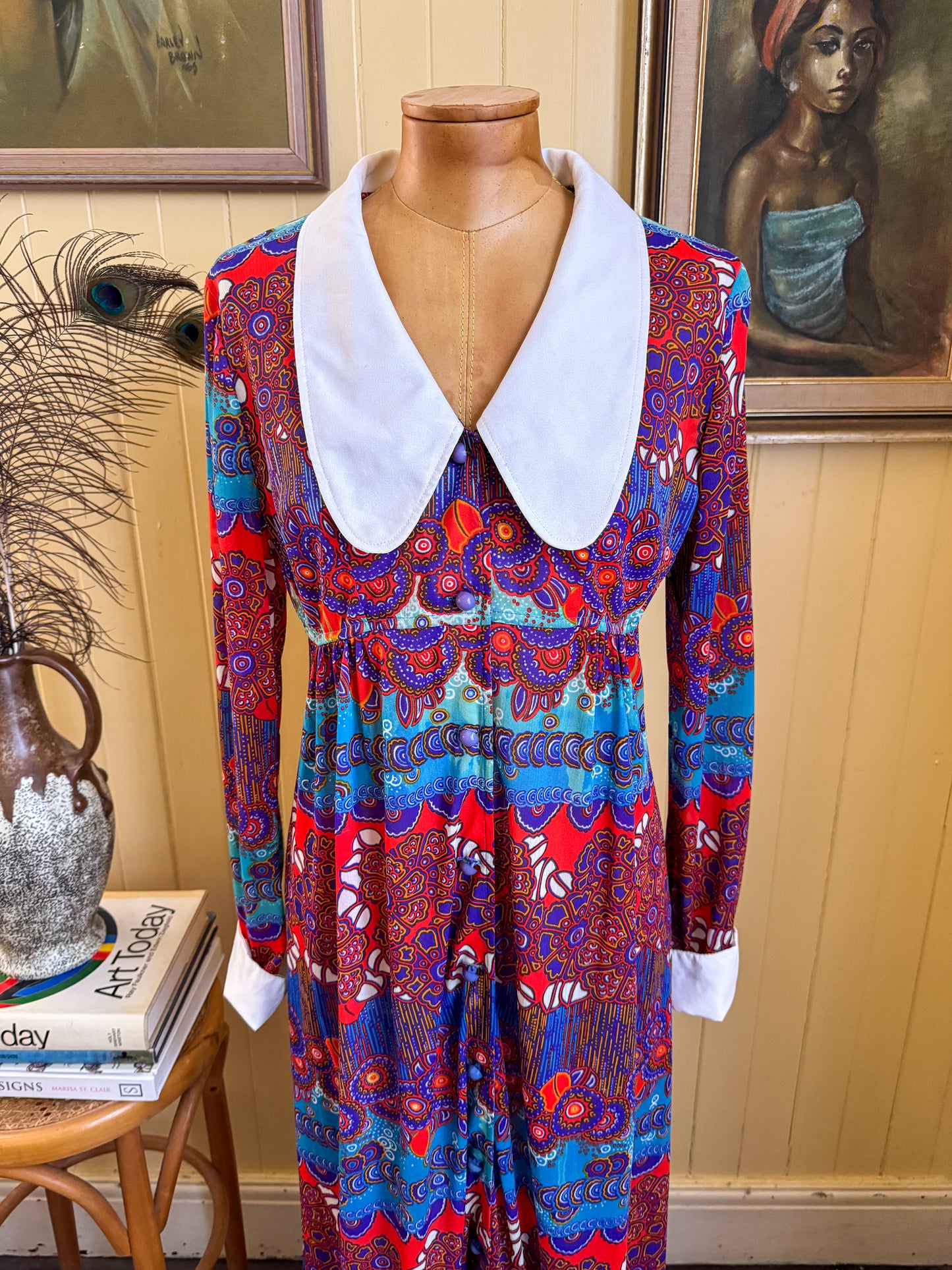 VINTAGE 1970S BINDI OF MELBOURNE PSYCHEDELIC COLLARED MAXI DRESS M