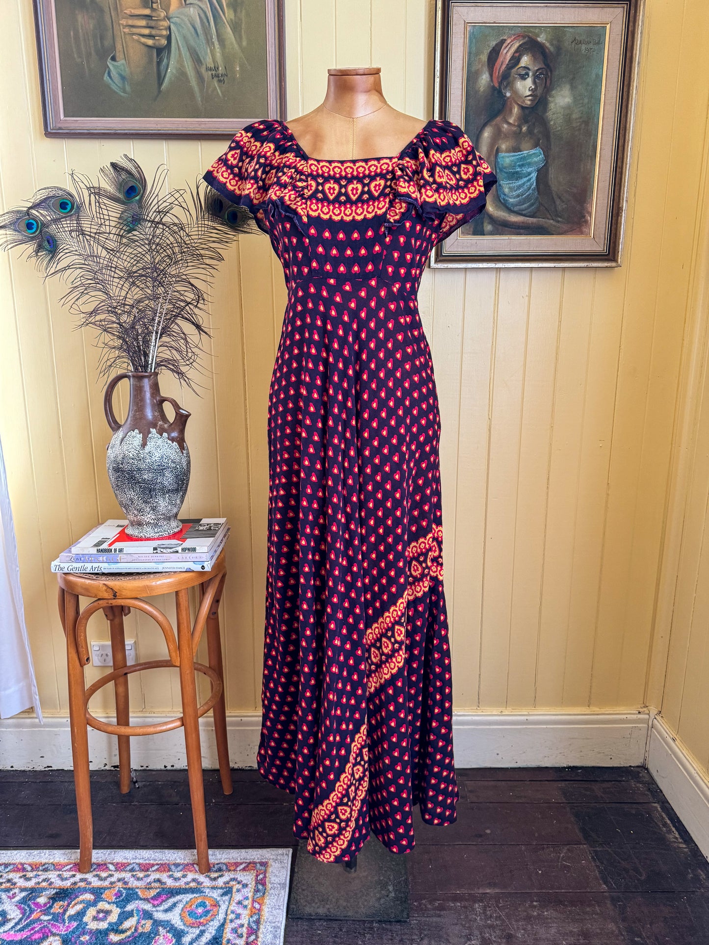 VINTAGE 1970S PAKISTANI COTTON HAND BLOCK PRINT MAXI DRESS S