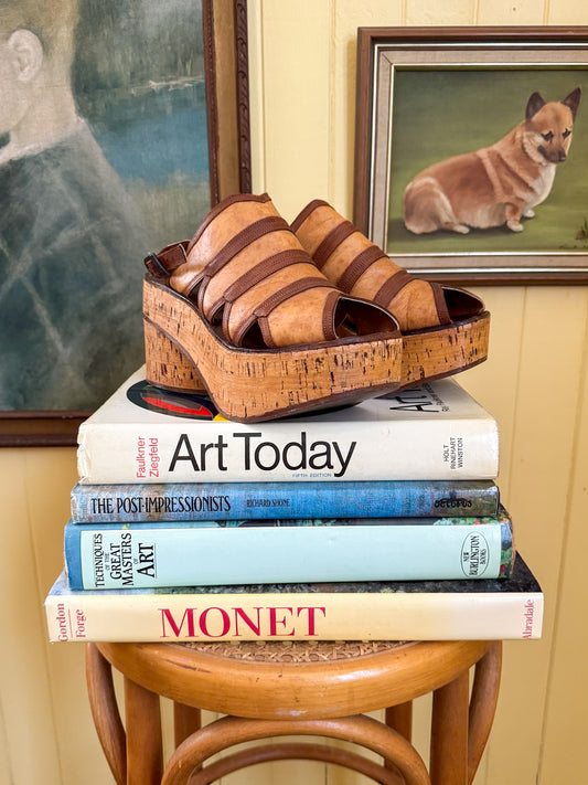 VINTAGE 1970S GINO PUCCI TWO TONE LEATHER CORK PLATFORM SANDALS 9/40