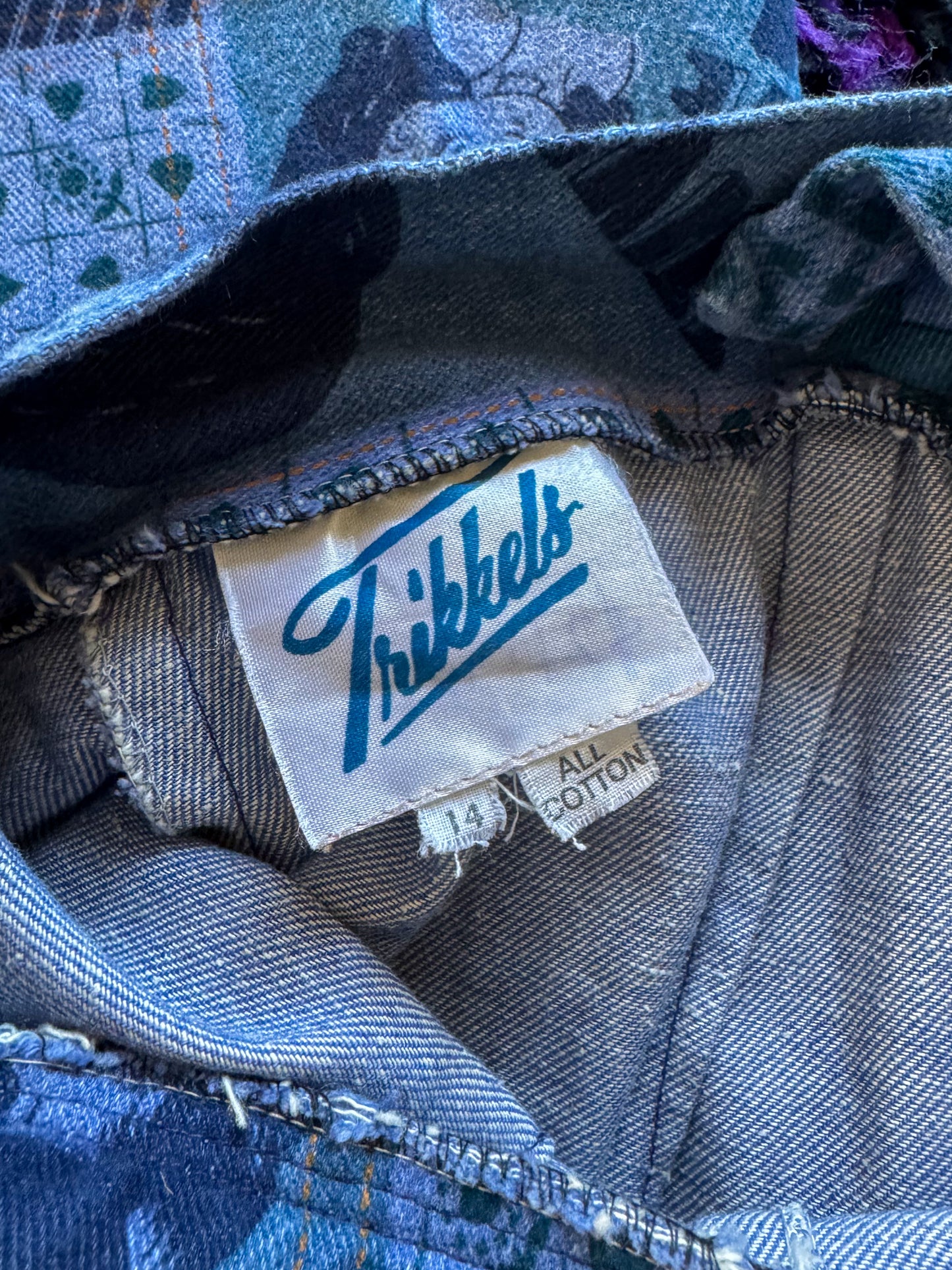 VINTAGE 1970S TRIKKELS COTTON DENIM NOVELTY PRINT WIDE LEG DUNGAREES OVERALLS S/M