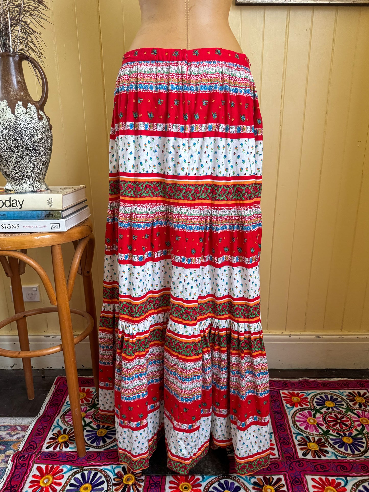 VINTAGE 1970S COTTON MIXED PRINT TIERED PEASANT MAXI SKIRT M