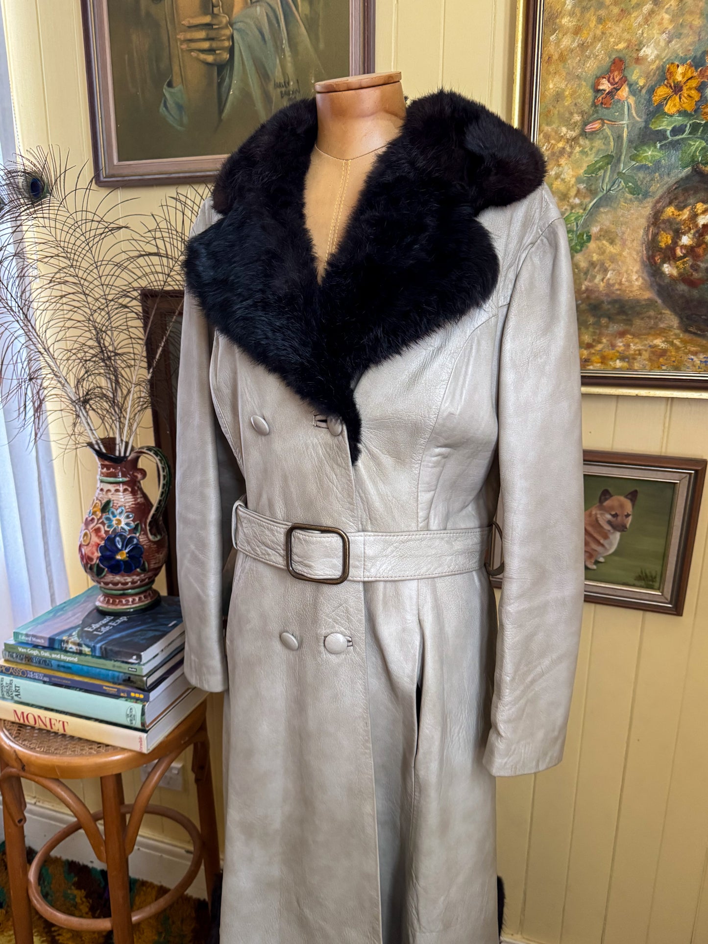 VINTAGE 1970S STEPHEN DATTNER LEATHER FUR TRIM PENNY LANE LONG COAT M/L