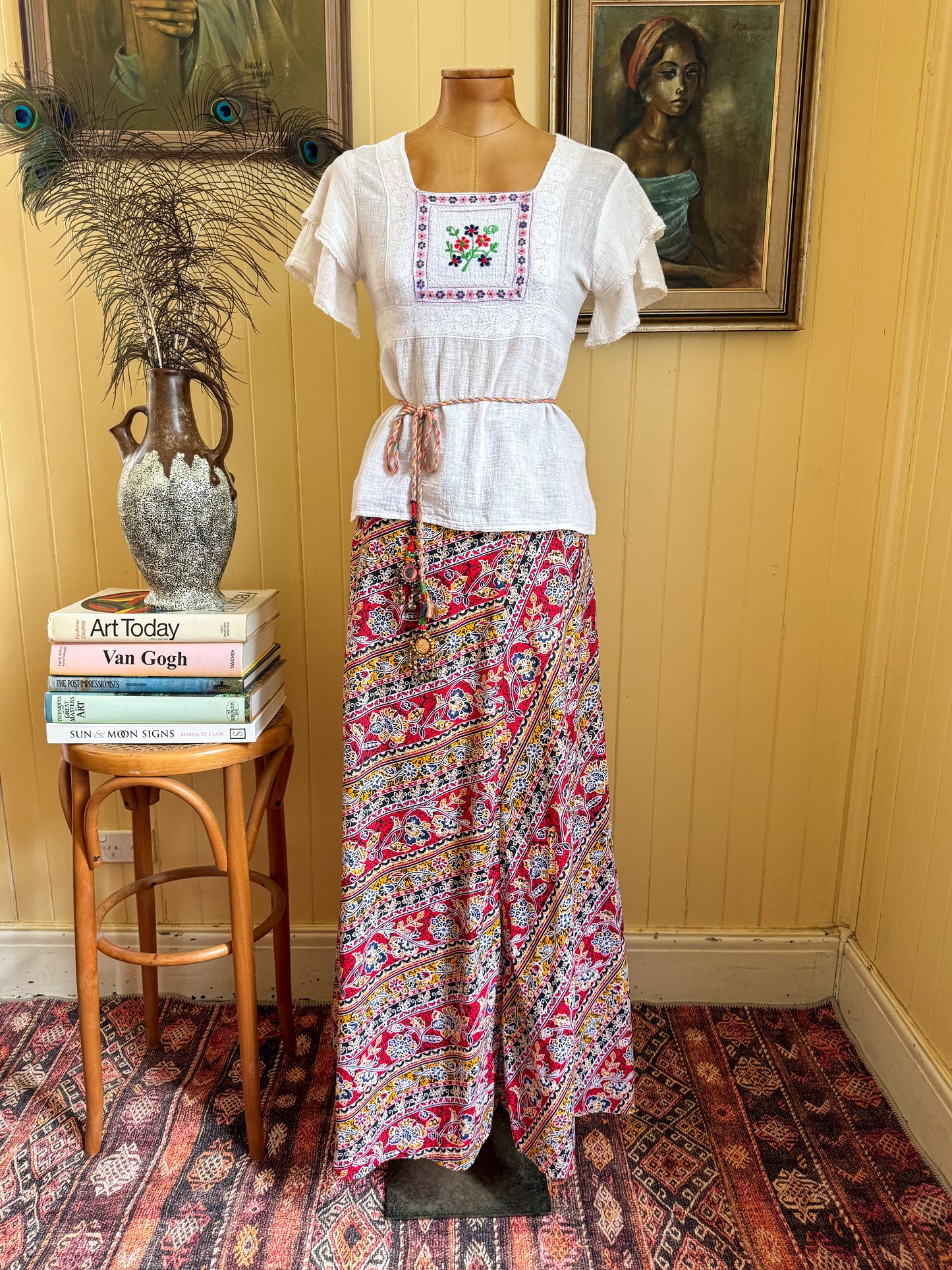 VINTAGE 1970S COTTON BATIK FLORAL PRINT WRAP MAXI SKIRT S/M/L