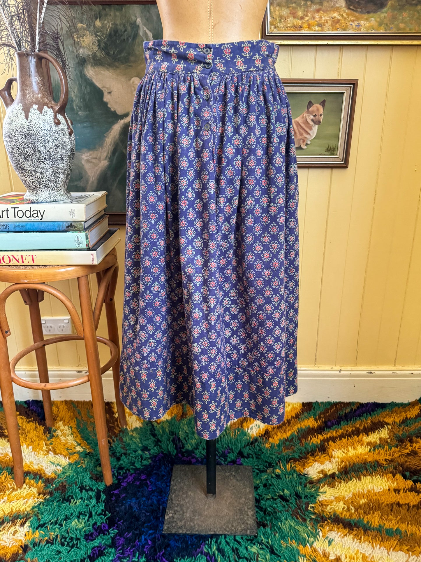 VINTAGE 1970S INDIAN COTTON BLOCK PRINT POCKET MIDI PEASANT SKIRT S