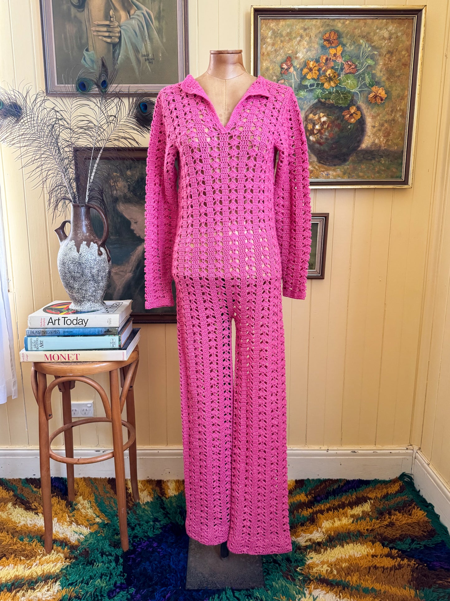 VINTAGE 1970S HANDMADE PINK WOOL/COTTON CROCHET LUREX JUMPSUIT S