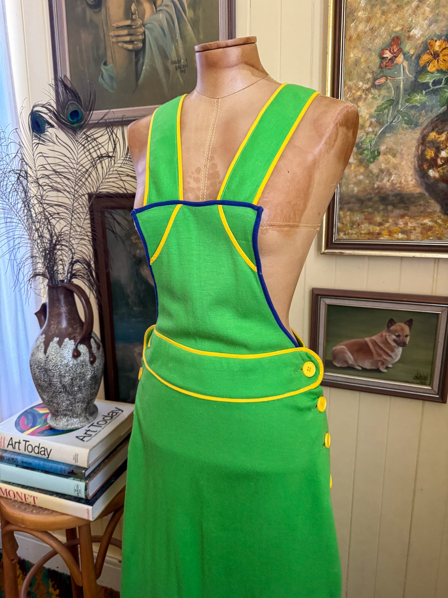 VINTAGE 1970S DARLING OF MELBOURNE ACRYLIC LIME GREEN PINAFORE MAXI DRESS S