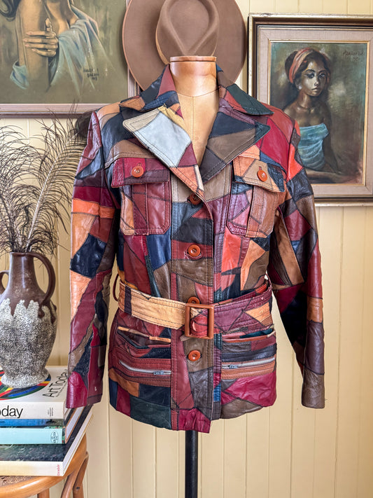 VINTAGE 1970S KOREAN PATCHWORK LEATHER SAFARI BELTED JACKET M