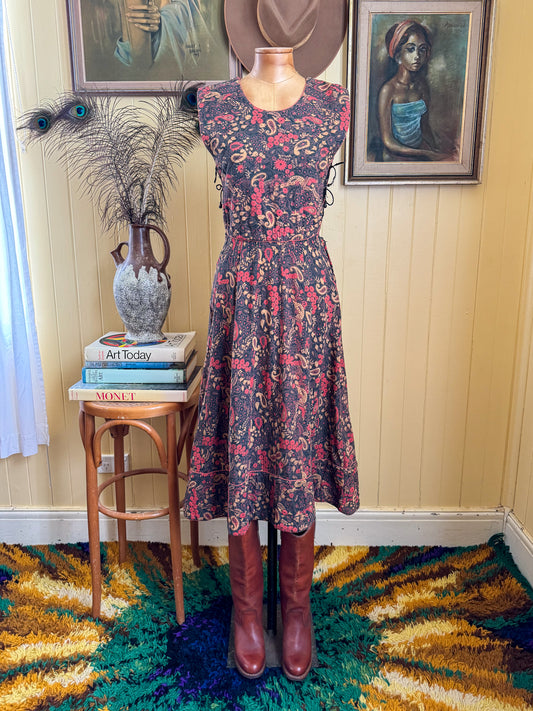 VINTAGE 1970S ORIENTIQUE INDIAN COTTON BLOCK PRINTED PINAFORE MIDI DRESS S