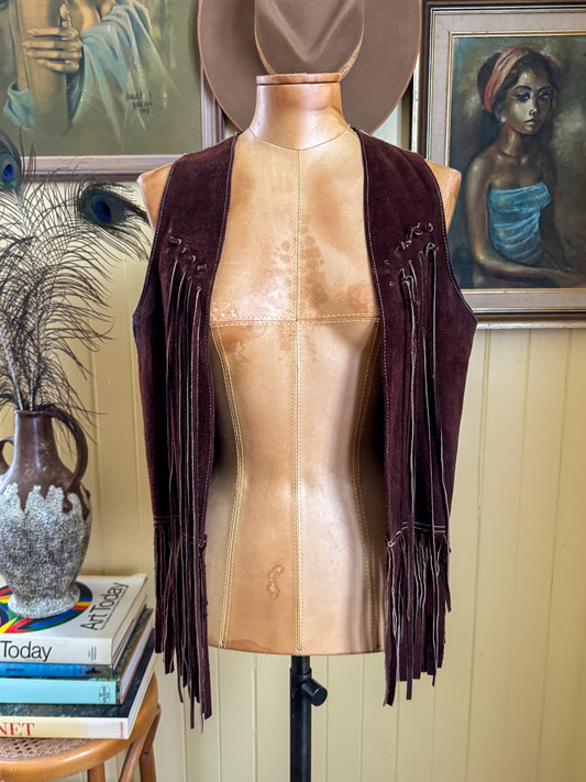 VINTAGE 1970S CHOCOLATE BROWN SUEDE LEATHER TASSELLED WAISTCOAT VEST S