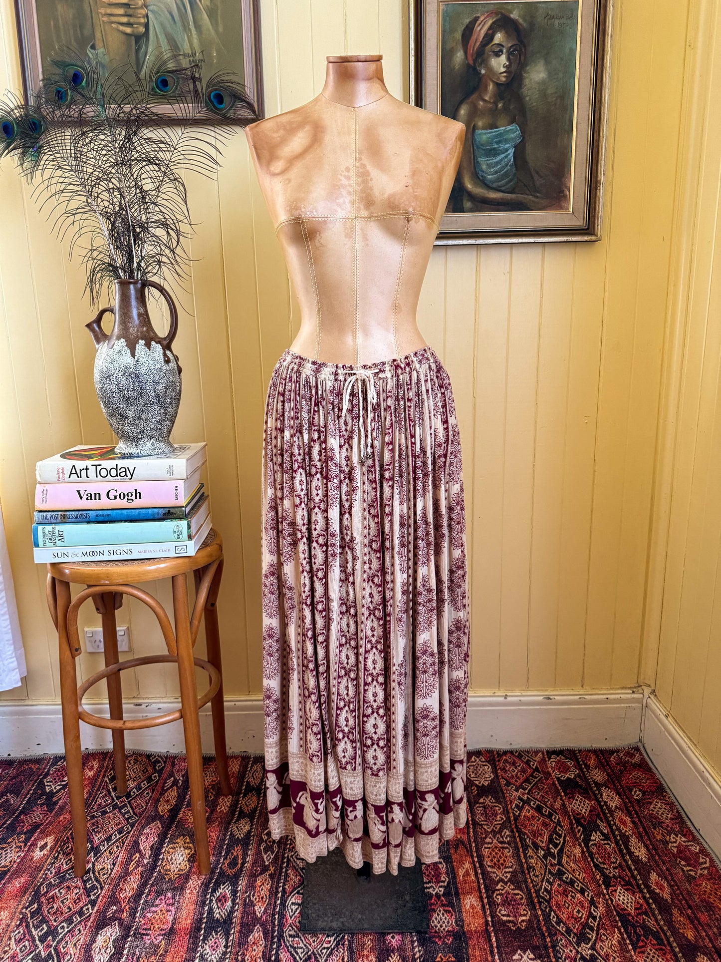 VINTAGE 1980S O.P.C. INDIAN RAYON GAUZE BROOMSTICK MIDI SKIRT M