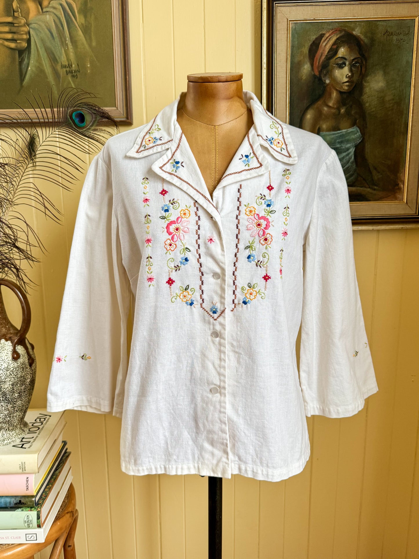 VINTAGE 1970S COTTON HAND EMBROIDERED BUTTON THROUGH SHIRT S/M