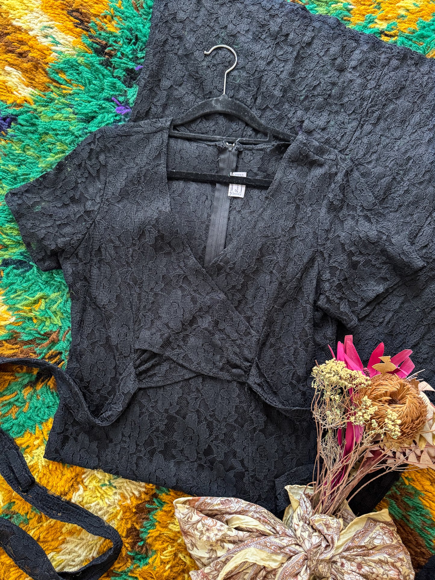 VINTAGE 1990S LOVE LOVE SHEER BLACK LACE WRAP FRONT MAXI DRESS S/M