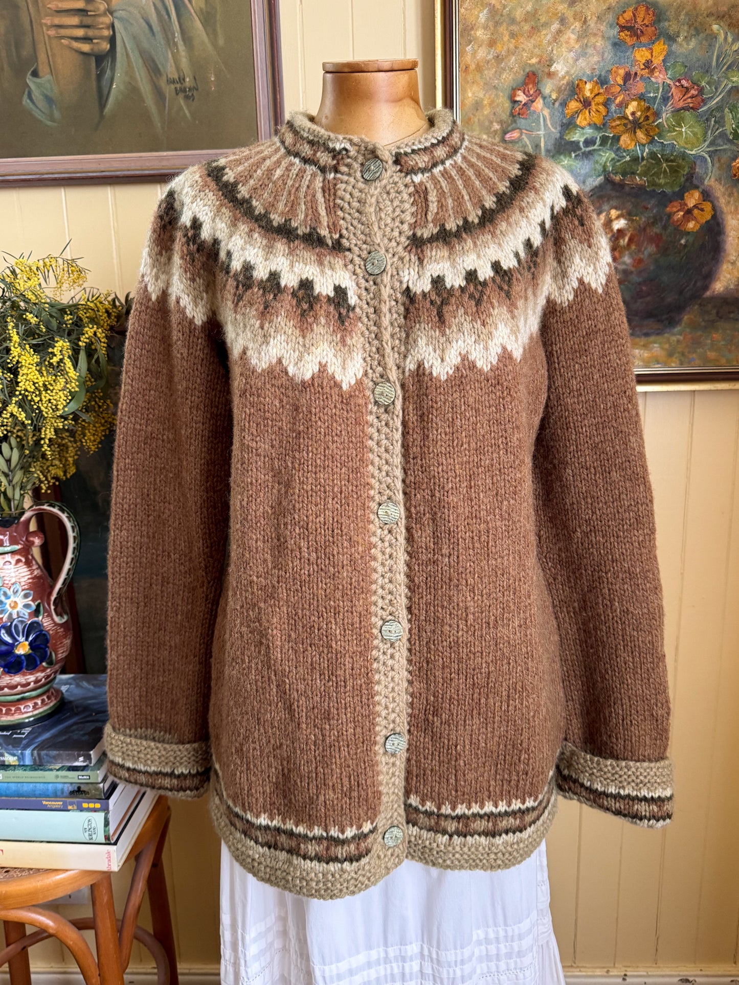 VINTAGE SCOTTISH NORSAGA PURE NEW WOOL FAIRISLE HAND KNIT CARDIGAN JUMPER M