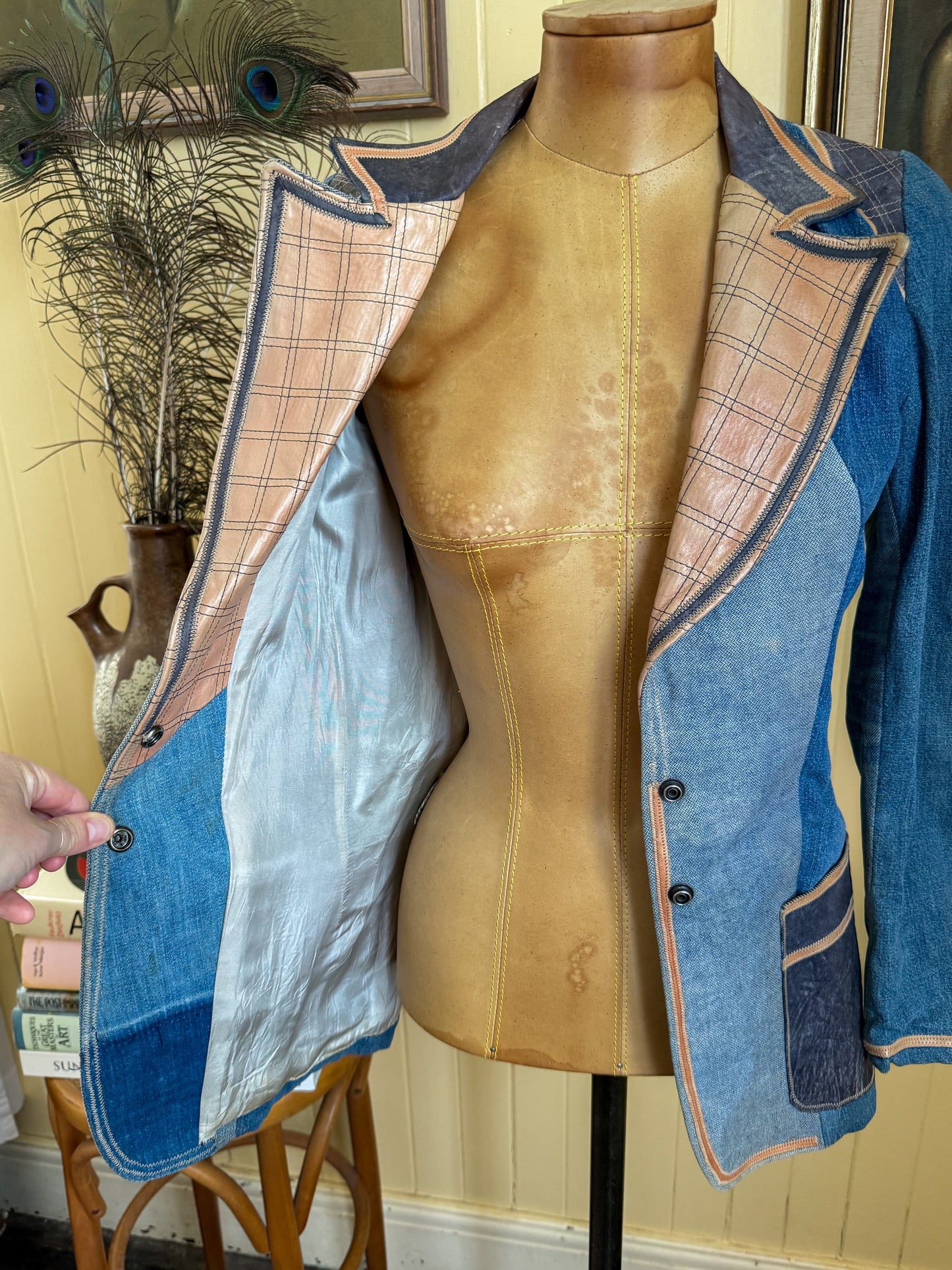 VINTAGE 1970S MIUZA FRANCE DENIM AND LEATHER BLAZER JACKET XS