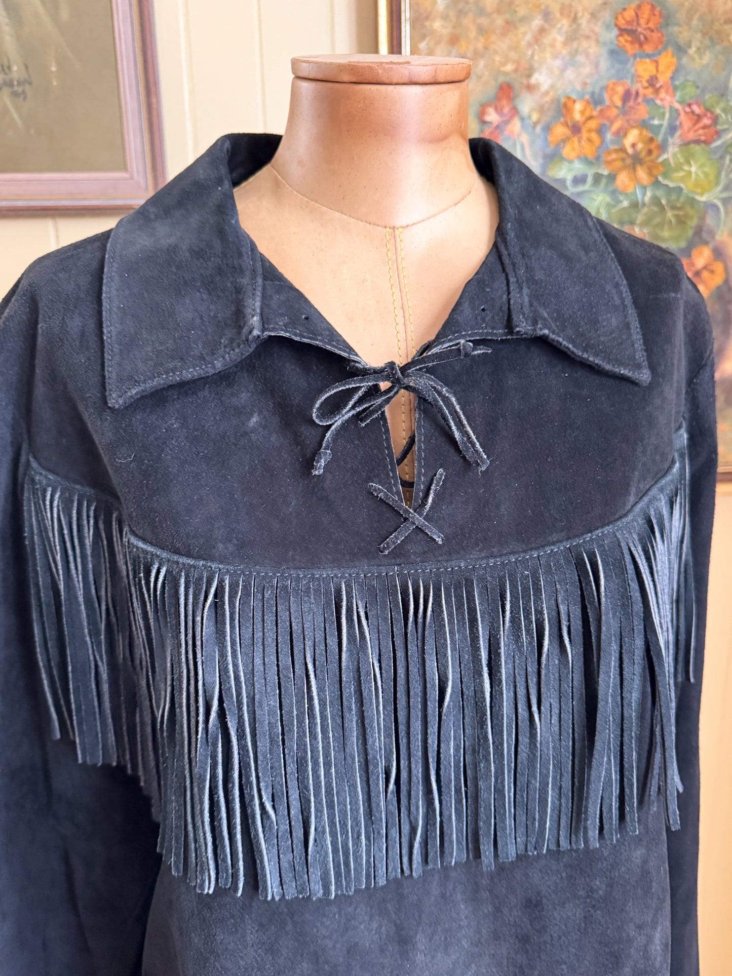 VINTAGE 1970S AUSTRALIAN BOJO BLACK SUEDE LEATHER FRINGED WESTERN TUNIC SHIRT M/L