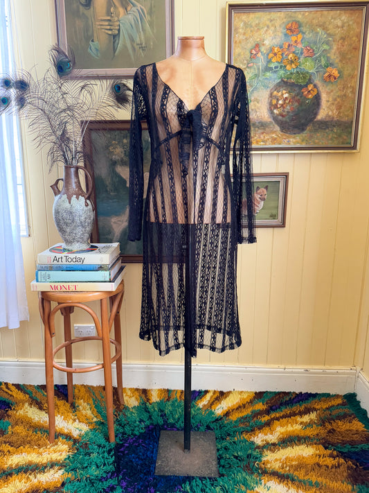 VINTAGE 1990S AUSTRALIAN SHEER BLACK LACE TIE FRONT MIDI DRESS M/L