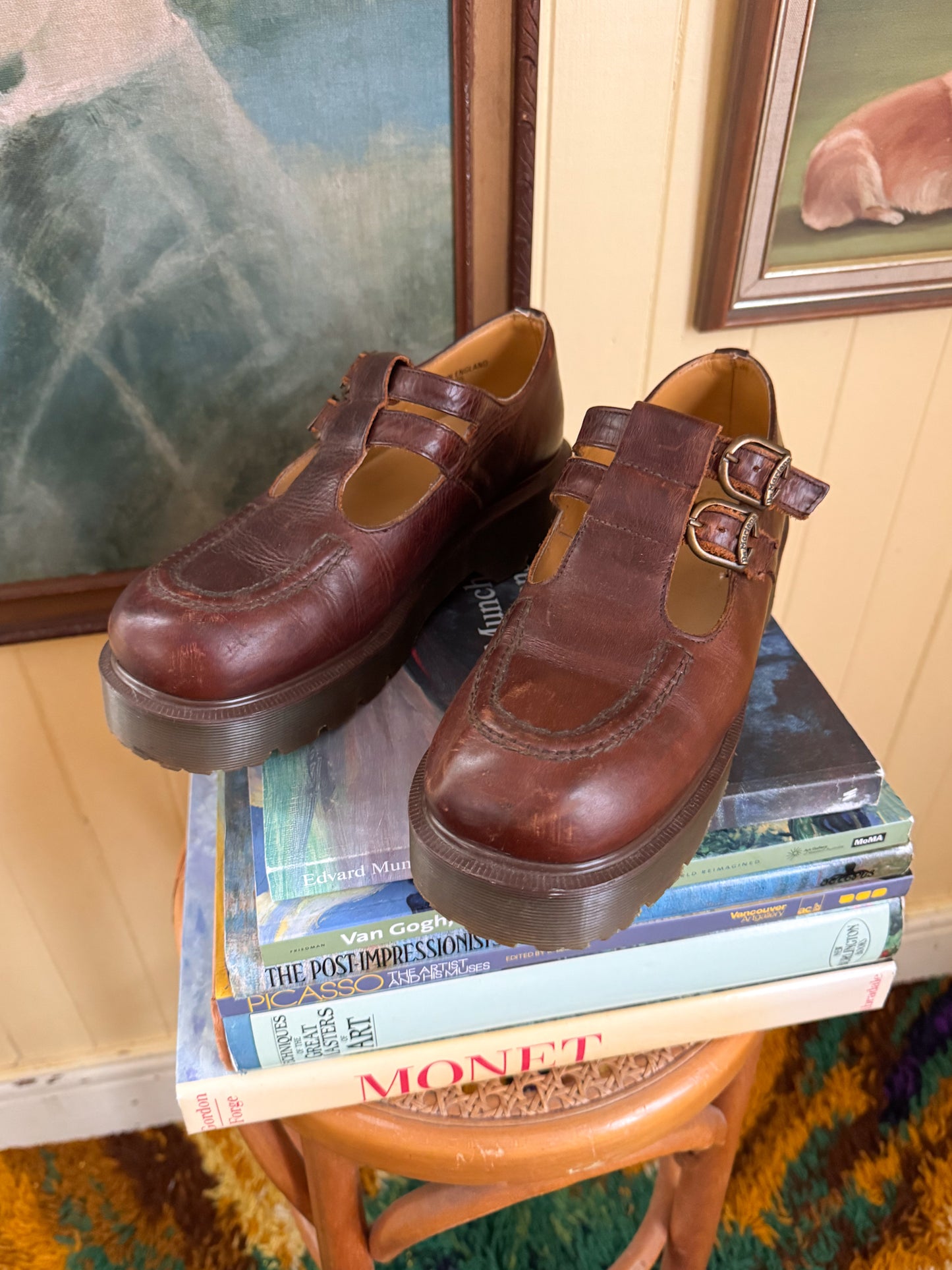 VINTAGE 1990S RARE DR DOC MARTENS DOUBLE STRAP CHESTNUT BROWN LEATHER HEELED MARY JANES 9.5/40.5