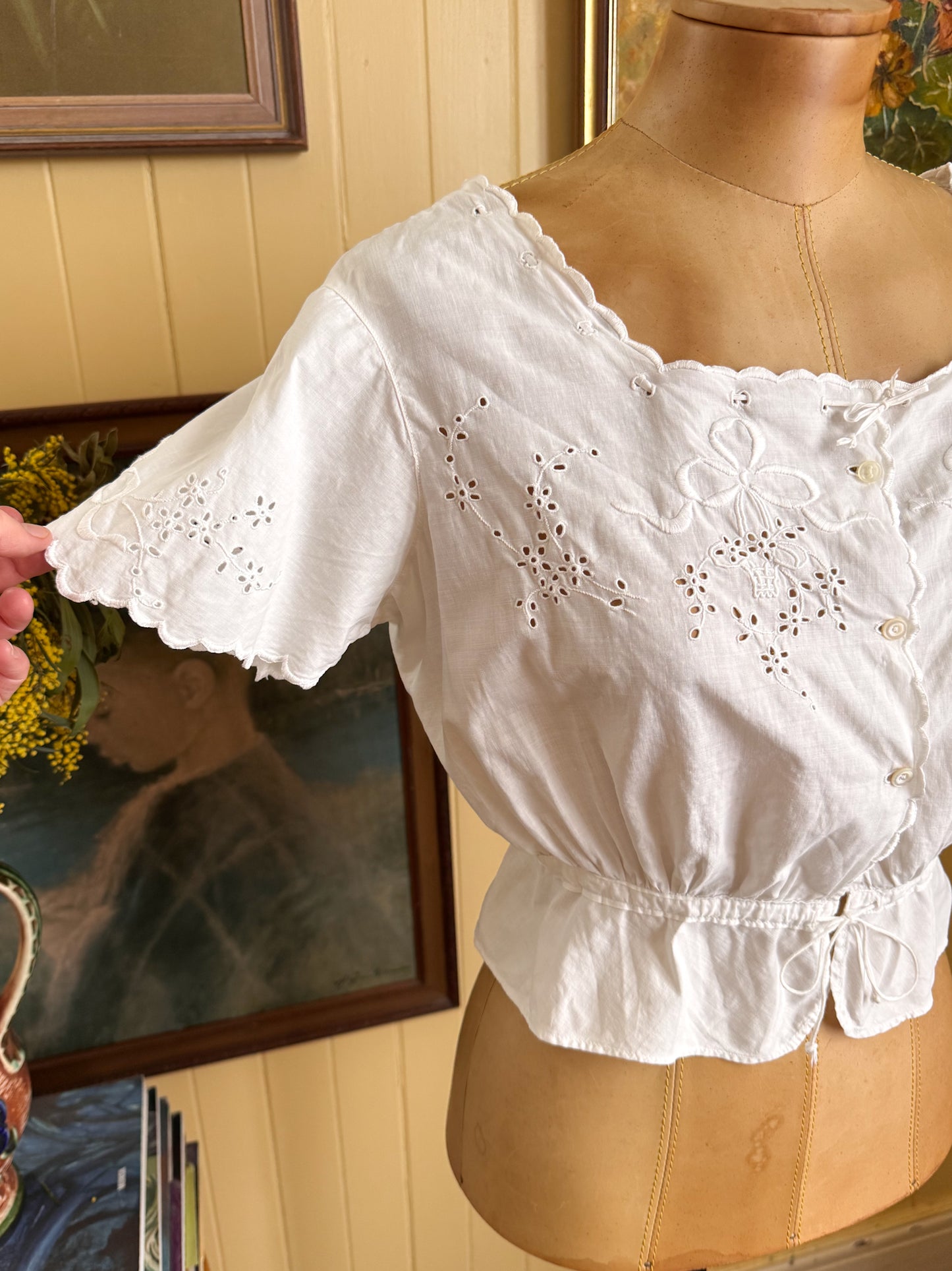ANTIQUE EDWARDIAN COTTON MUSLIN EMBROIDERED CORSET COVER BLOUSE XS