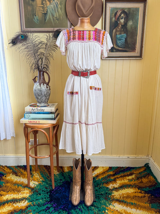 VINTAGE 1970S COTTON CHEESECLOTH EMBROIDERED MIDI SUNDRESS S/M/L