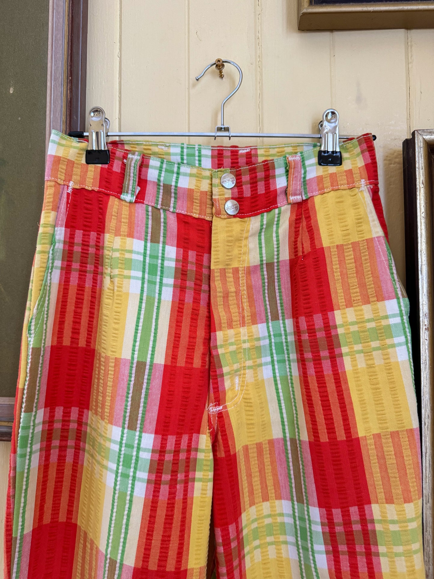 VINTAGE 1970S AMERICAN MAVERICK COTTON SEERSUCKER RAINBOW PLAID WIDE LEG FLARES XS