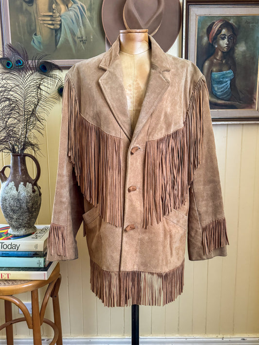 VINTAGE 1980S PIONEER WEAR SUEDE FRINGED WESTERN JACKET XL
