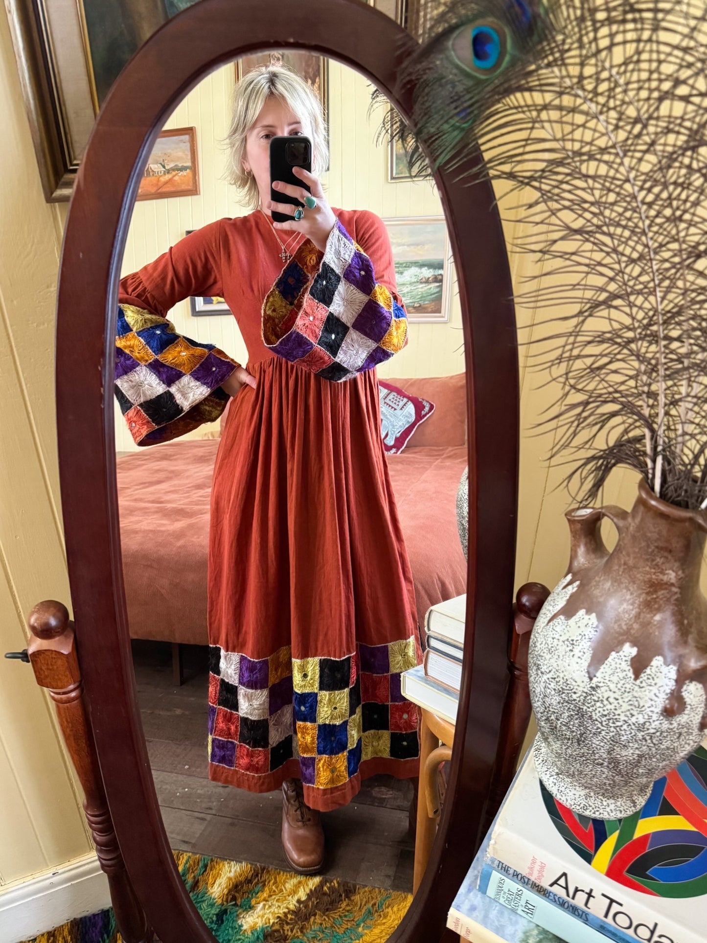 VINTAGE 1960S RARE INDIAN COTTON EMBROIDERED MIRRORS MAXI DRESS S