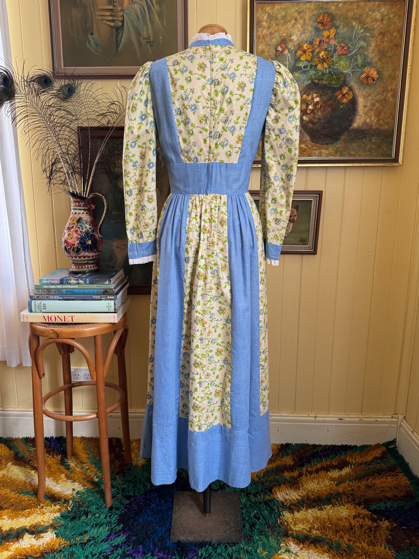 VINTAGE 1970S HANDMADE COTTONl VICTORIANA MAXI PRAIRIE DRESS XS
