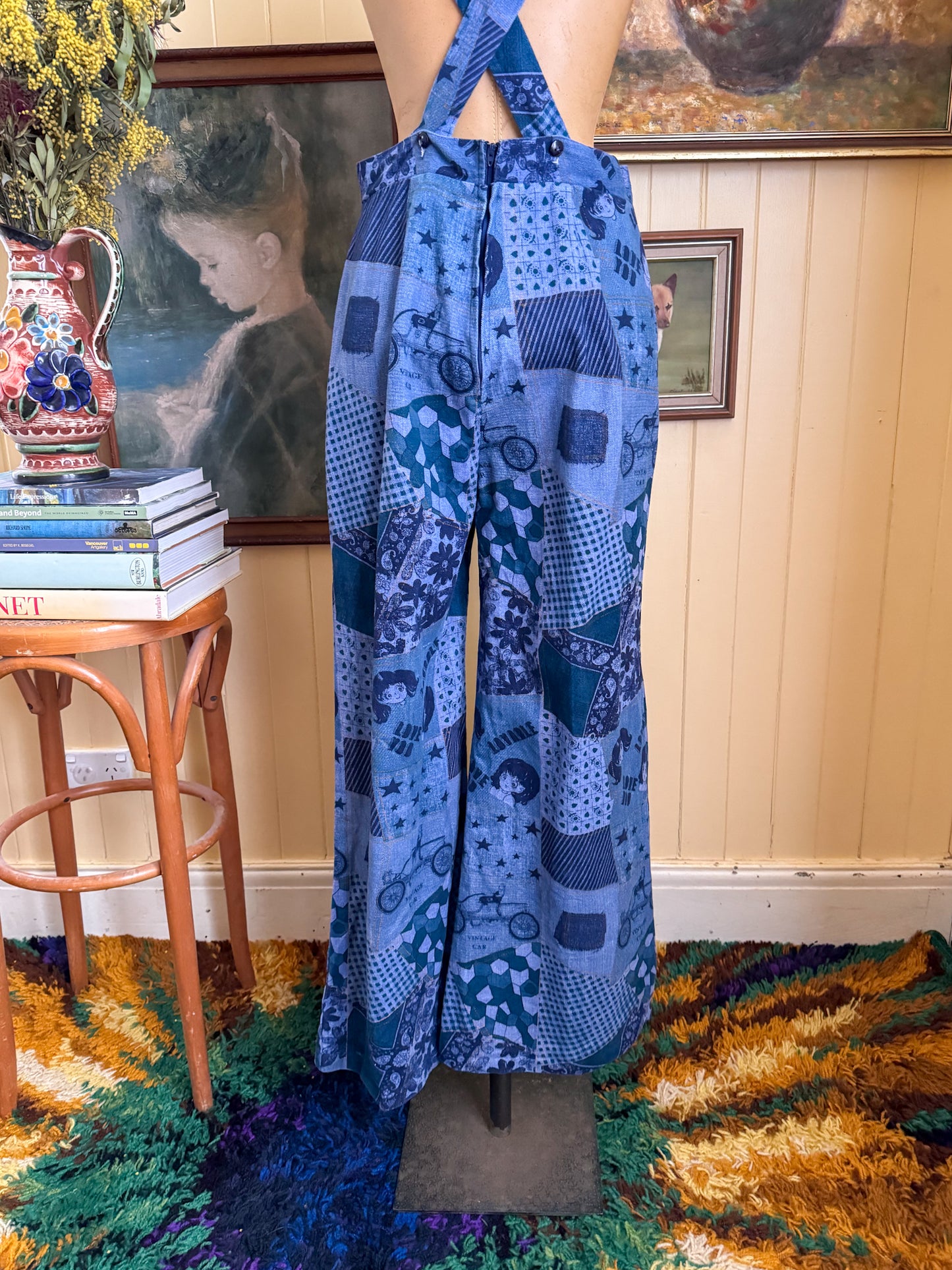 VINTAGE 1970S TRIKKELS COTTON DENIM NOVELTY PRINT WIDE LEG DUNGAREES OVERALLS S/M