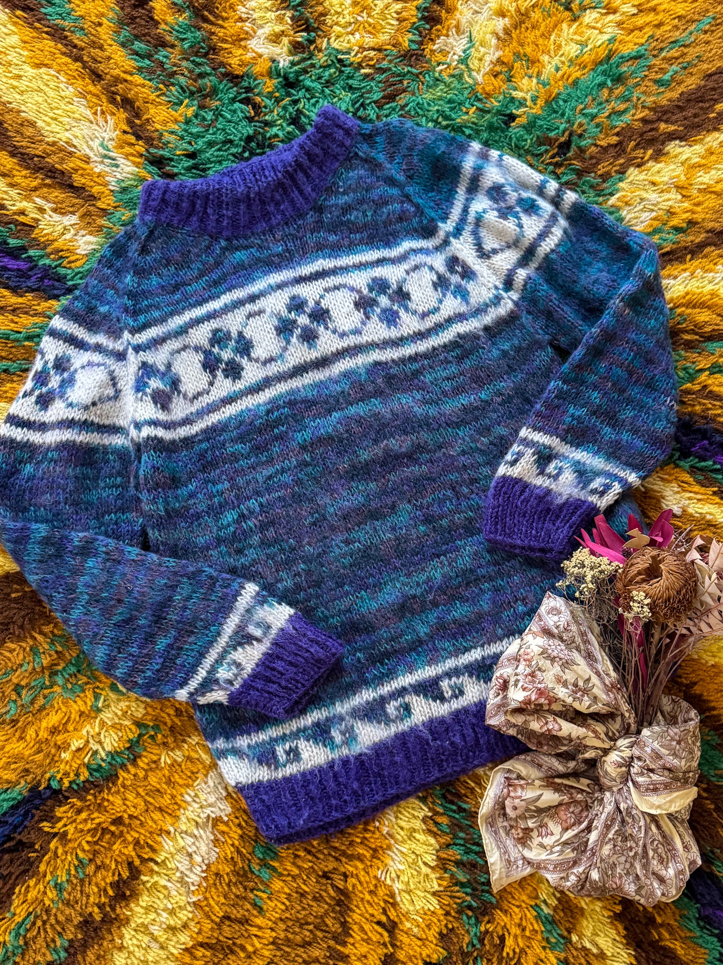 VINTAGE HANDMADE ALPACA WOOL MOTIF CHUNKY KNIT JUMPER L/XL