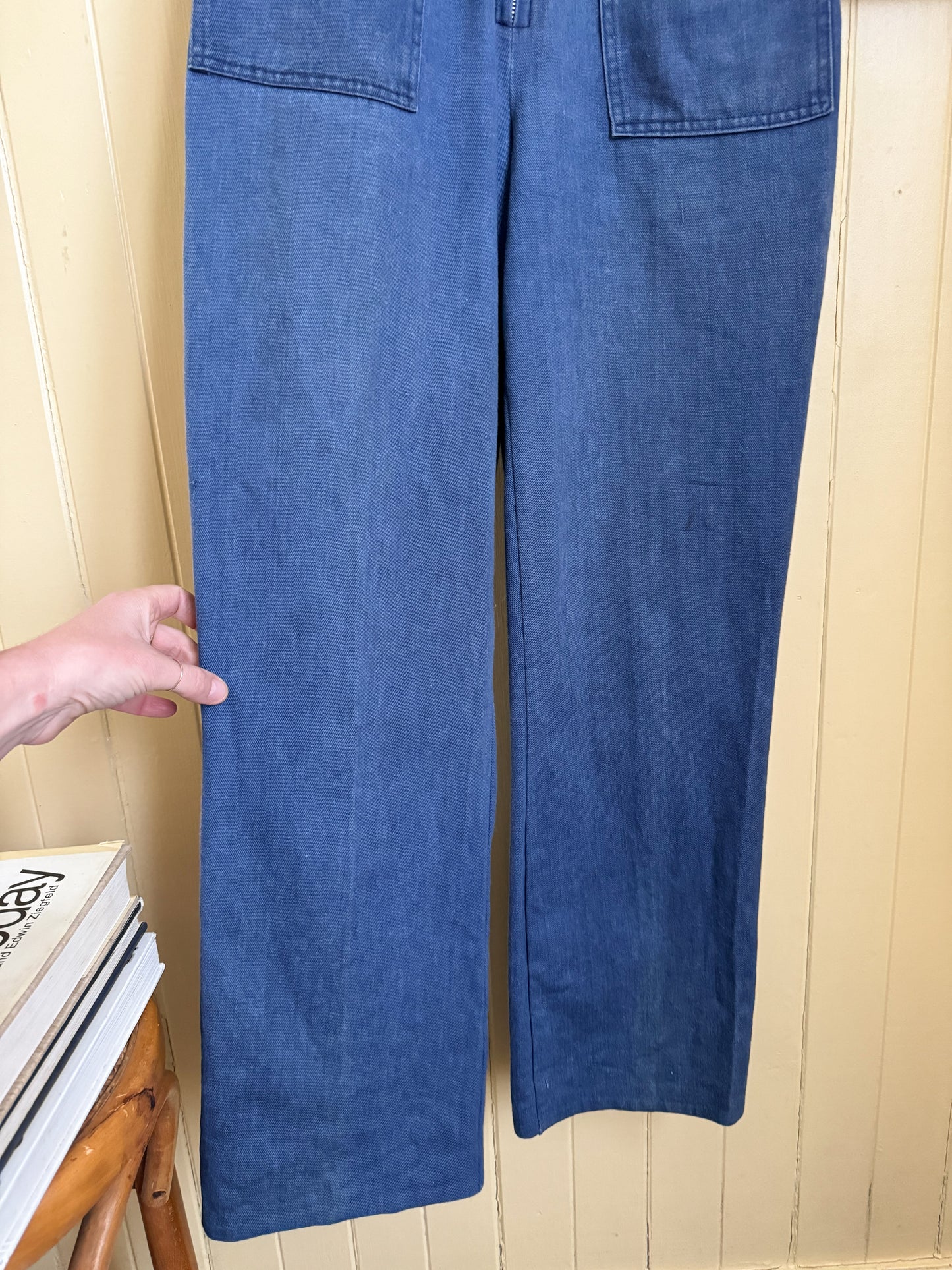 VINTAGE 1970S CLOUDS COTTON DENIM WIDE LEG JUMPSUIT XS/S