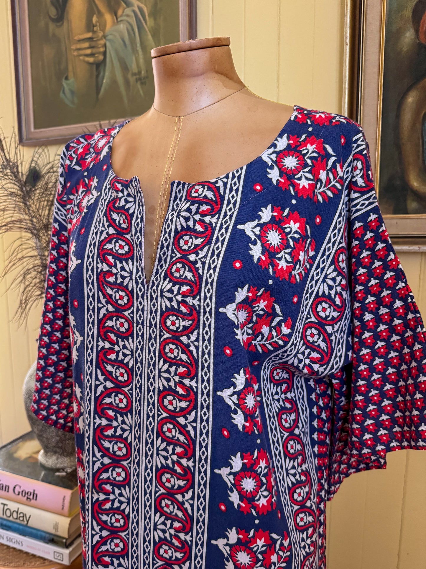 VINTAGE 1980S PAKISTANI COTTON BLOCK PRINT KIMONO SLEEVE MAXI DRESS L