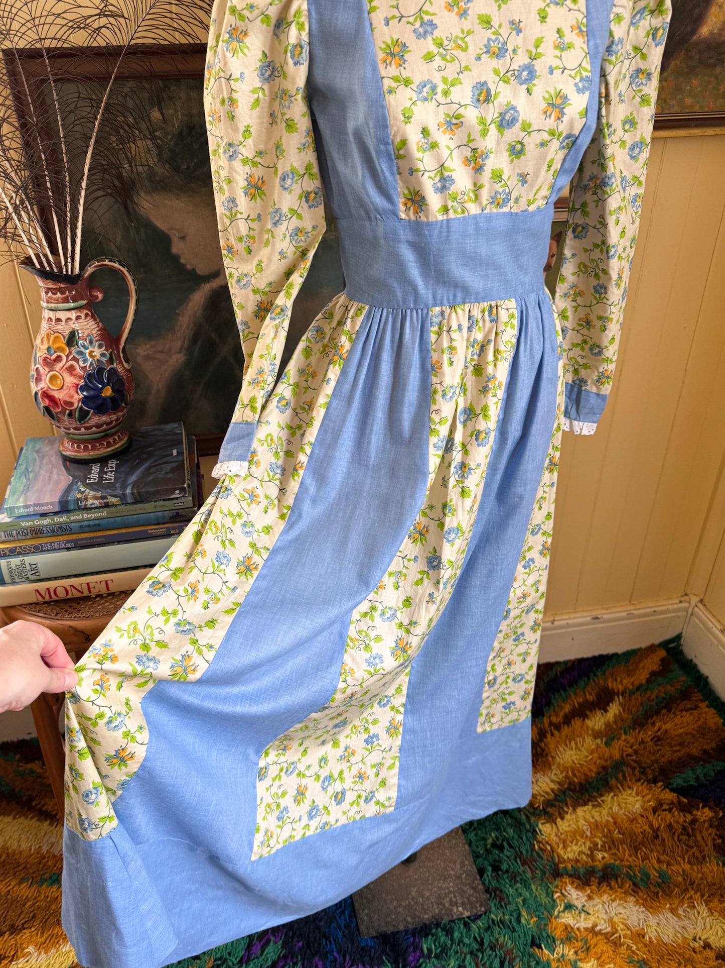 VINTAGE 1970S HANDMADE COTTONl VICTORIANA MAXI PRAIRIE DRESS XS