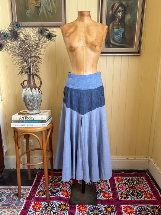 VINTAGE 1970S SALLY BROWNE DENIM + LACE MIDI SKIRT XS/S