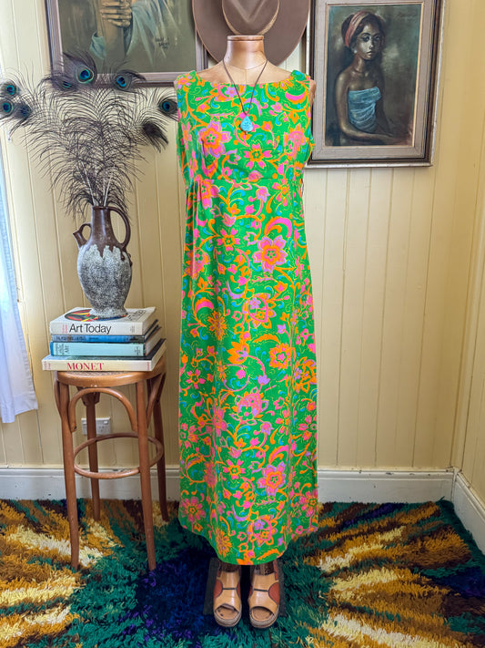 VINTAGE 1970S HANDMADE COTTON PSYCHEDELIC FLORAL PRINT COLUMN MAXI DRESS M