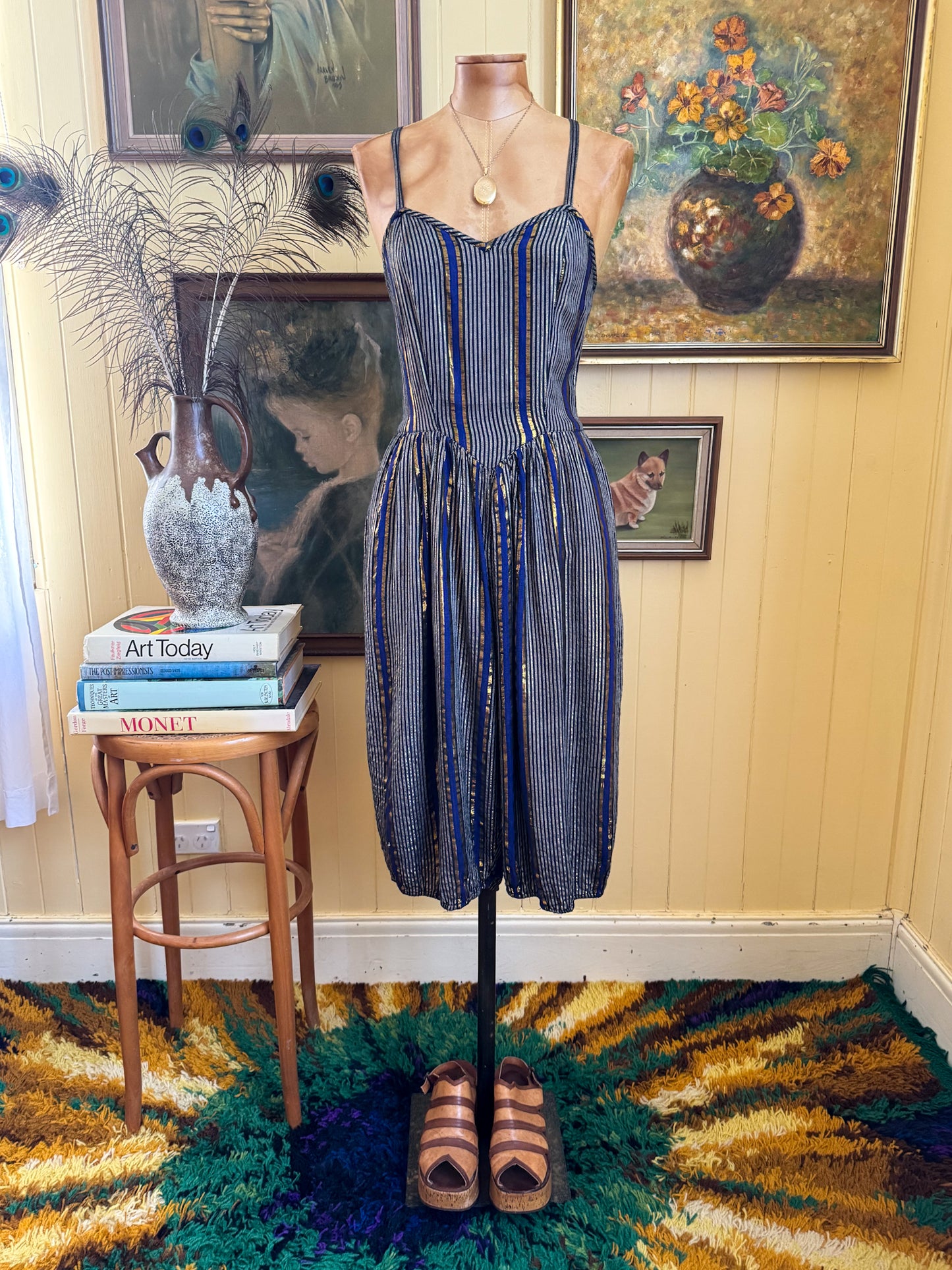 VINTAGE 1980S ADINI INDIAN COTTON LUREX STRAPPY CROPPED JUMPSUIT XS